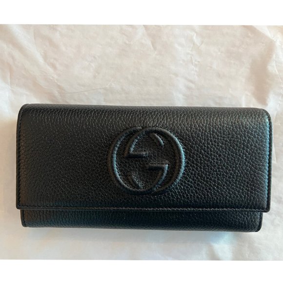 Gucci Soho Black Pebbled Leather Long Wallet Flap GG Large Authentic Italy NEW - Picture 10 of 16